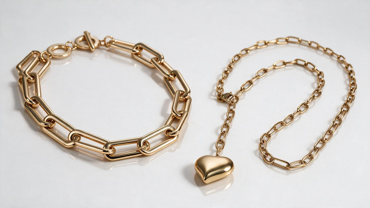 Kettenset in Gold glänzend – Herz-Kette plus kurze Glieder-Kette